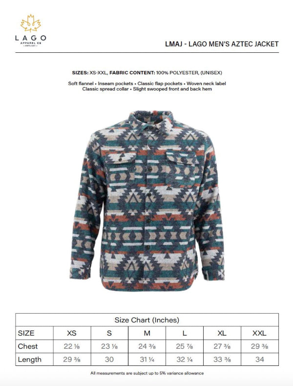 Lago Men's Aztec Jacket with pattern and size chart on a white background