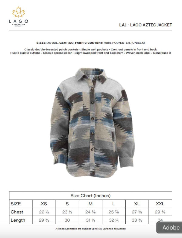 Lago Aztec jacket with size chart on a white background
