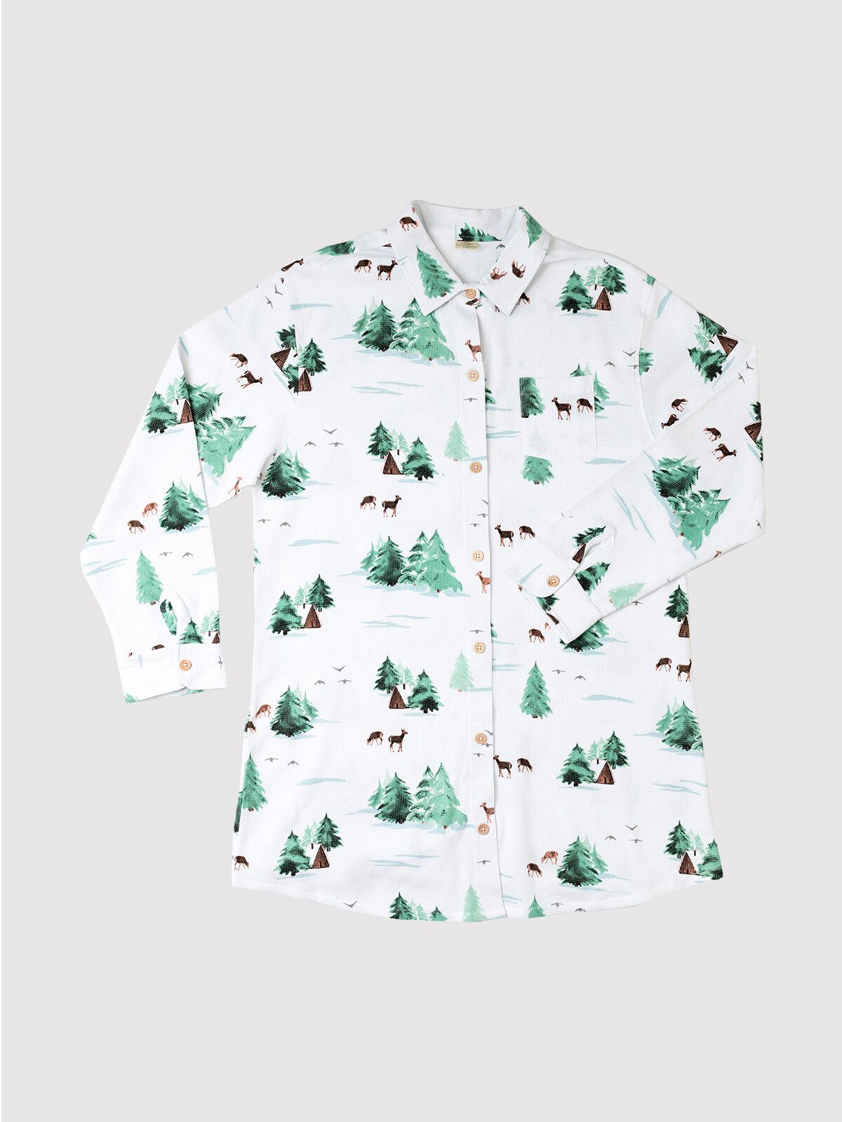 Thermal Watercolor Trees/Cabin Button Nightshirt