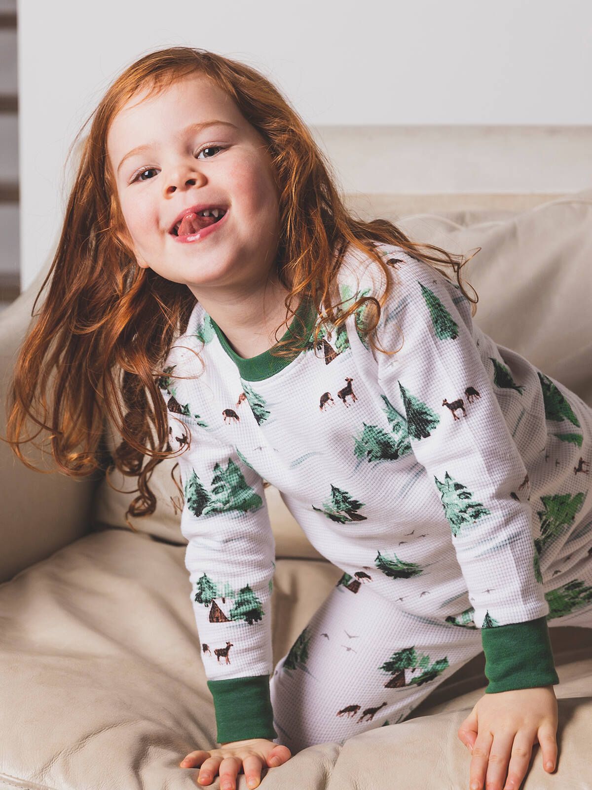 Kids Beautiful Pj Sets Thermal Watercolor Trees/Cabin Kids PJ Set
