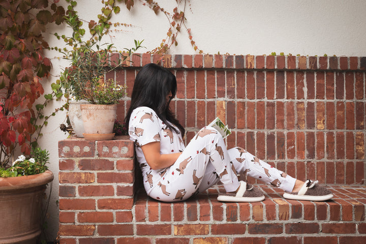 Person sitting on a brick wall with plants around
