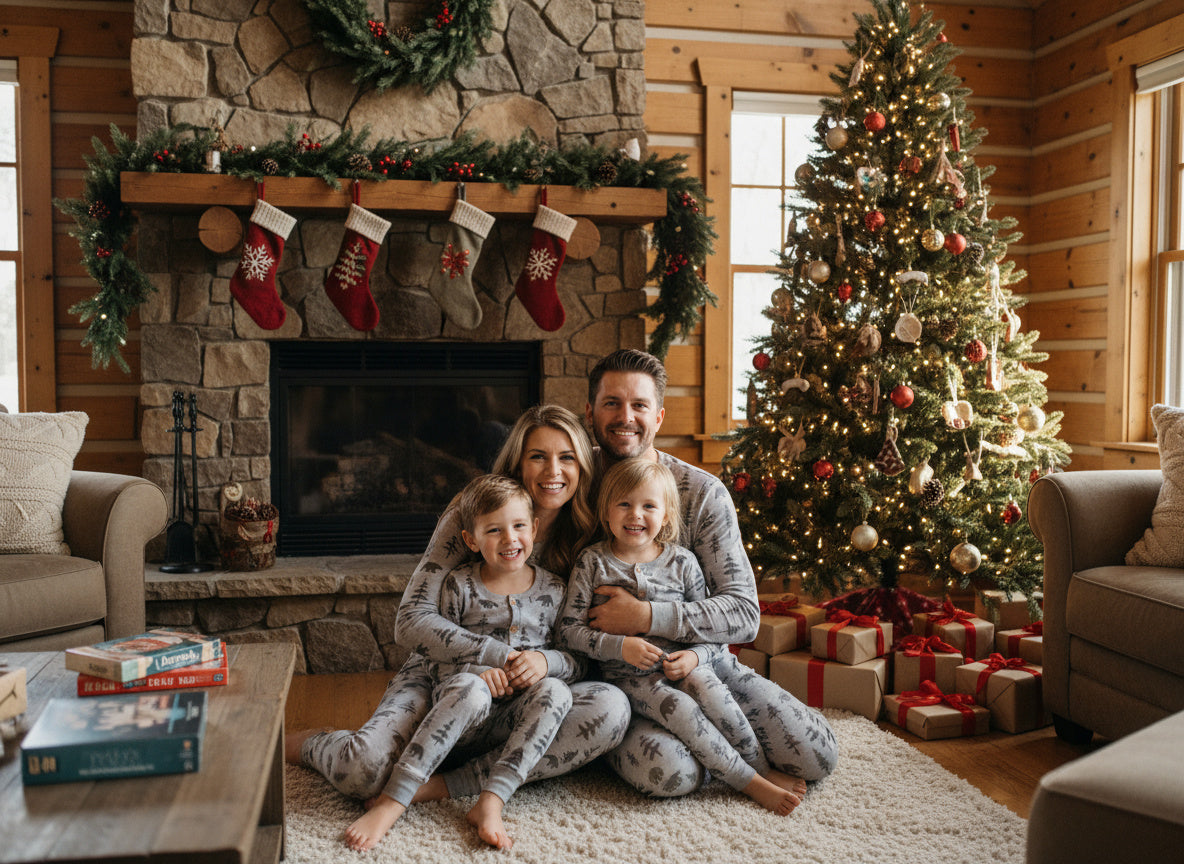 Family of four in matching pajamas sitting on a rug in front of a Christmas tree and fireplace.